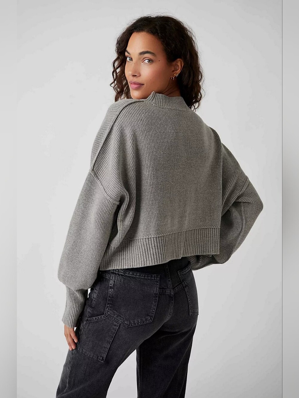 Free People Easy Street Crop Pullover Large Heather Grey Chunky Crewneck Sweater